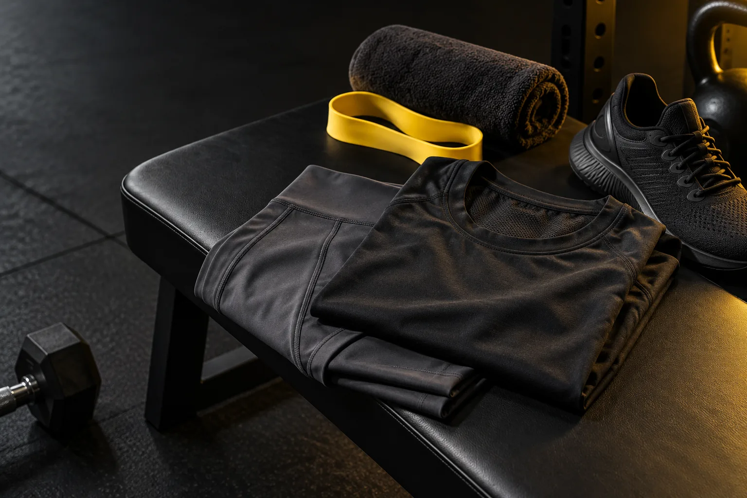 Composição conceitual de roupas e acessórios para treino em preto e amarelo