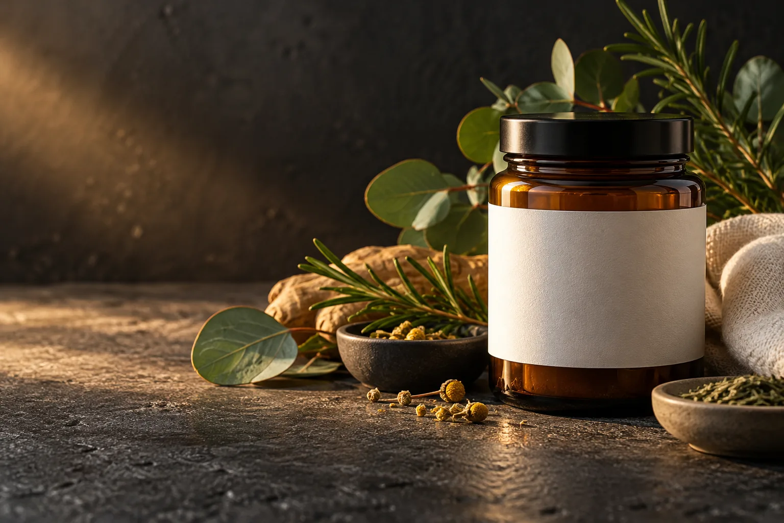 Composição conceitual de frasco neutro com folhas e ingredientes botânicos