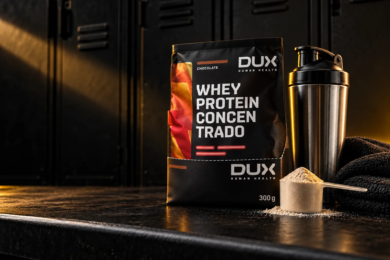 Composição conceitual com embalagem DUX Whey Protein Concentrado, coqueteleira e dosador